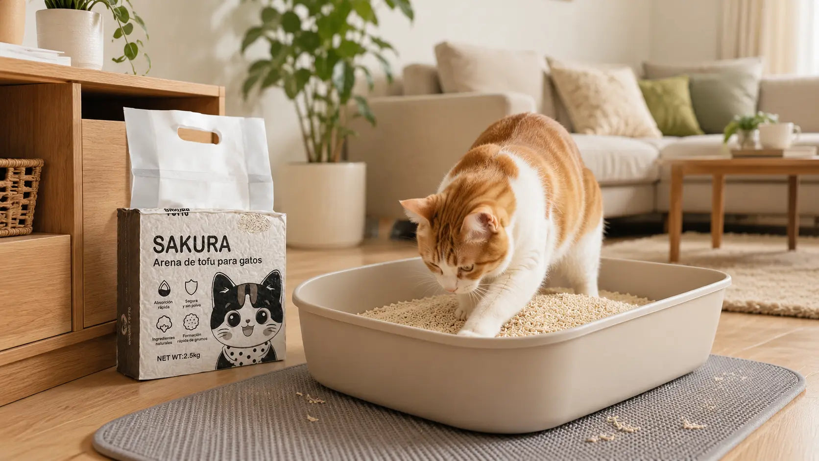 Gato junto a un arenero con arena de tofu SAKURA PETTO.