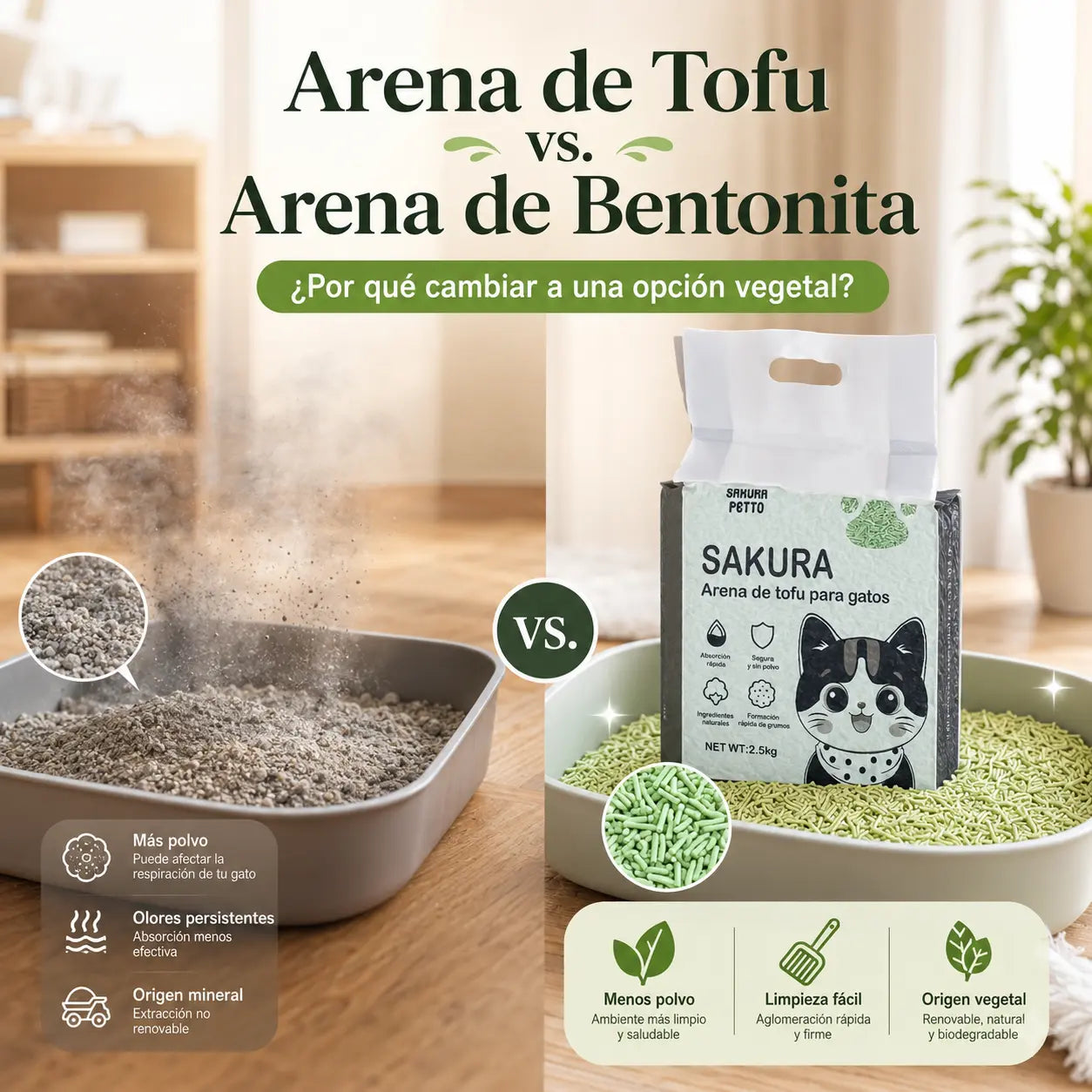 Comparativa entre arena de tofu SAKURA PETTO y arena de bentonita, mostrando una opción vegetal con menos polvo y limpieza más fácil