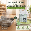 Comparativa entre arena de tofu SAKURA PETTO y arena de bentonita, mostrando una opción vegetal con menos polvo y limpieza más fácil