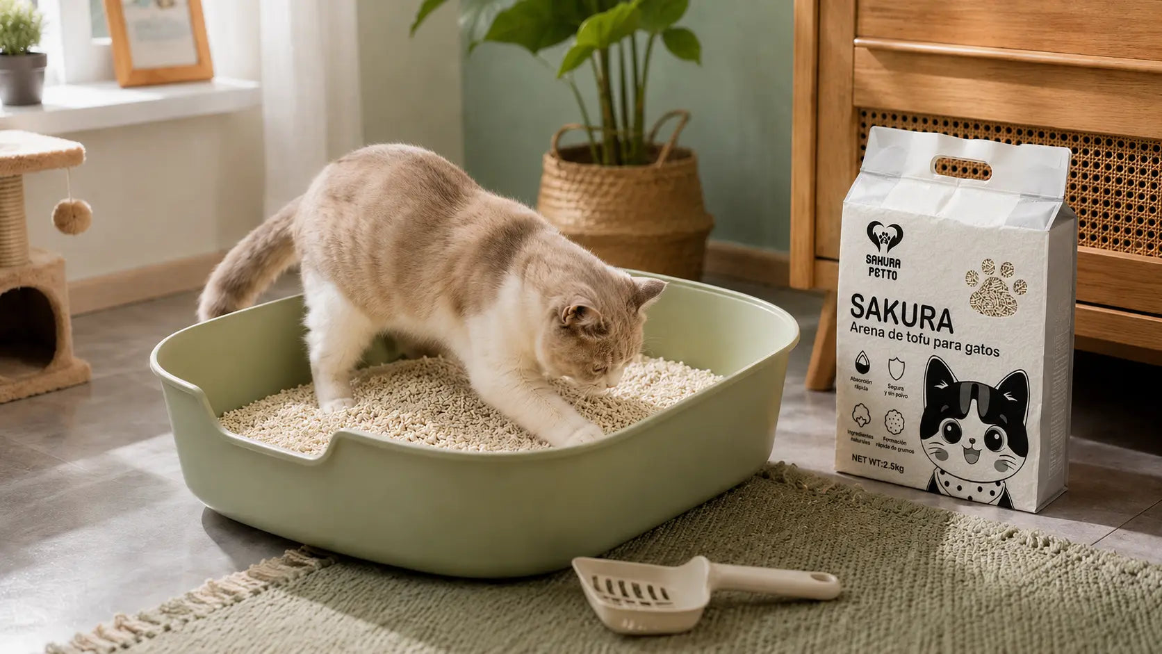 Gato adaptándose gradualmente a una nueva arena de tofu
