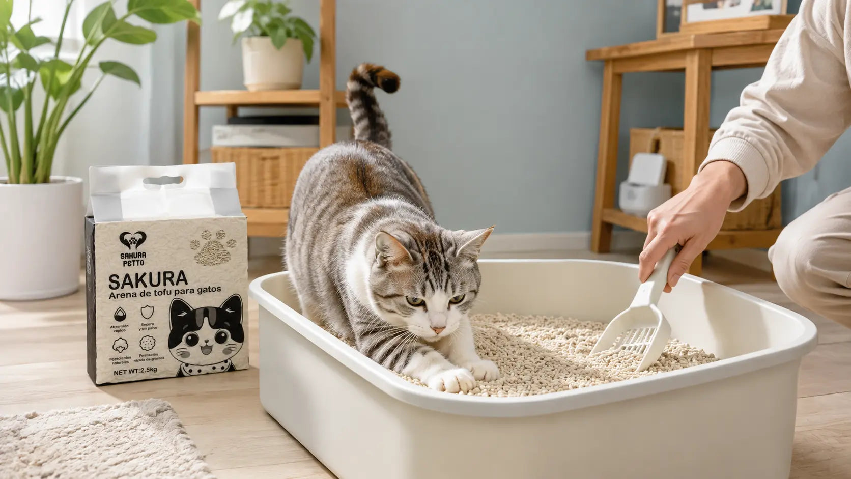 Gato junto a un arenero con arena de tofu SAKURA PETTO
