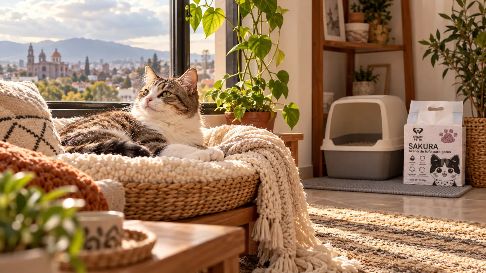 Gato cómodo en casa durante los frentes fríos en México