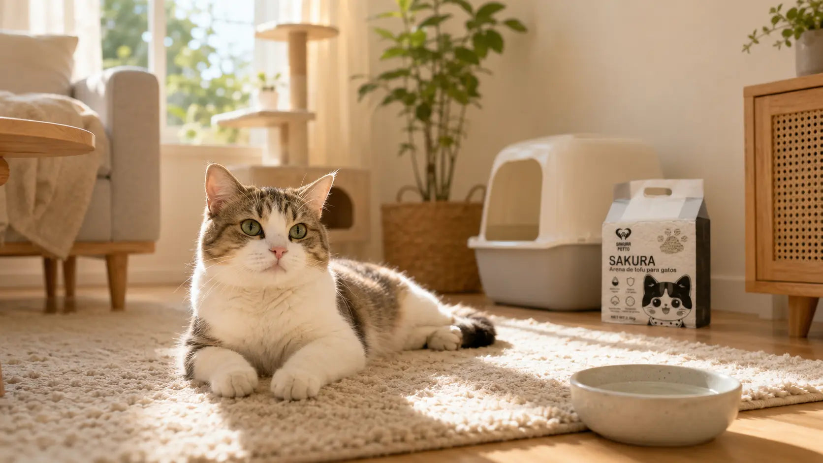 Gato en un hogar limpio junto a su arenero