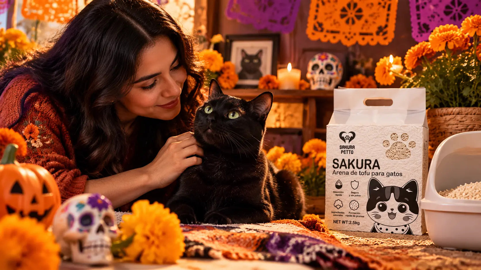 Mujer acariciando a un gato negro junto a una bolsa de arena de tofu SAKURA PETTO de 2.5 kg, con arenero y decoraciones tradicionales mexicanas de Día de Muertos, flores de cempasúchil y papel picado.