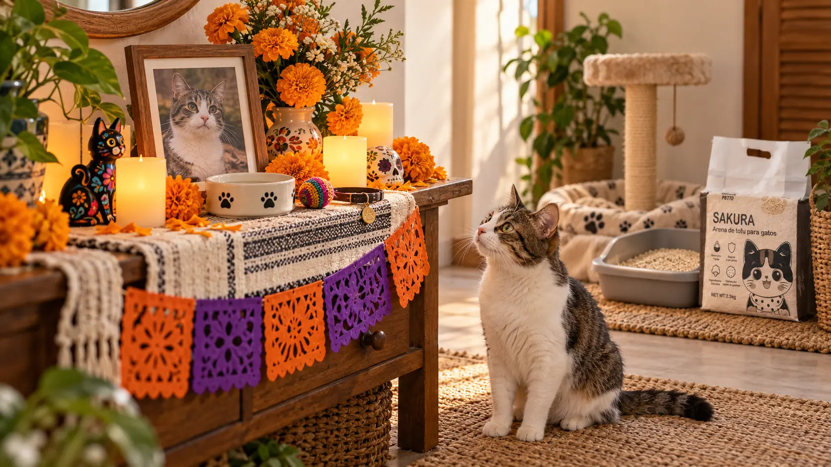 Ofrenda de Día de Muertos para mascotas en un hogar mexicano
