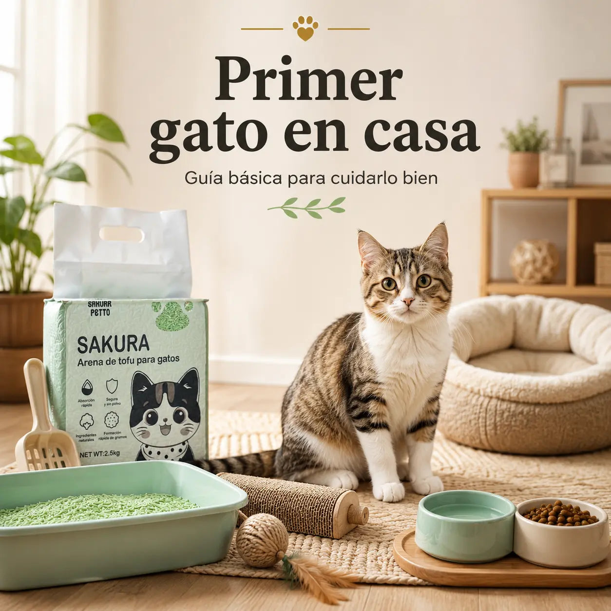 Gato joven en un hogar preparado para su llegada, con arenero, arena de tofu SAKURA PETTO, comida, agua, cama y juguetes.