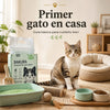 Gato joven en un hogar preparado para su llegada, con arenero, arena de tofu SAKURA PETTO, comida, agua, cama y juguetes.