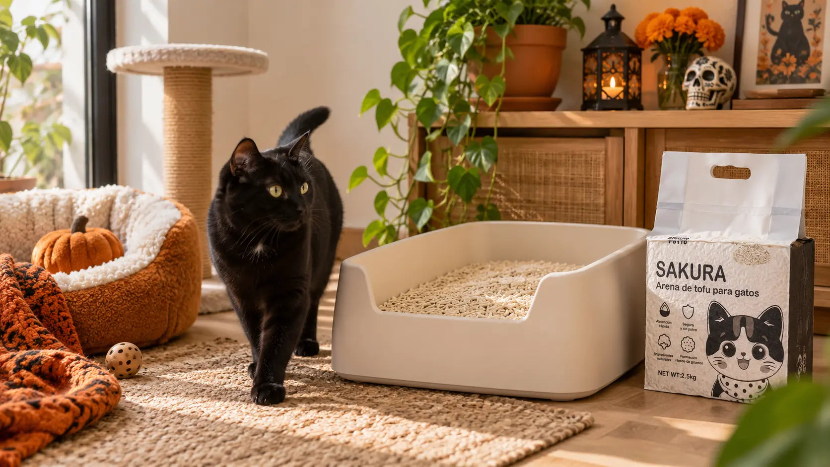 Gato negro en un rincón seguro del hogar durante octubre