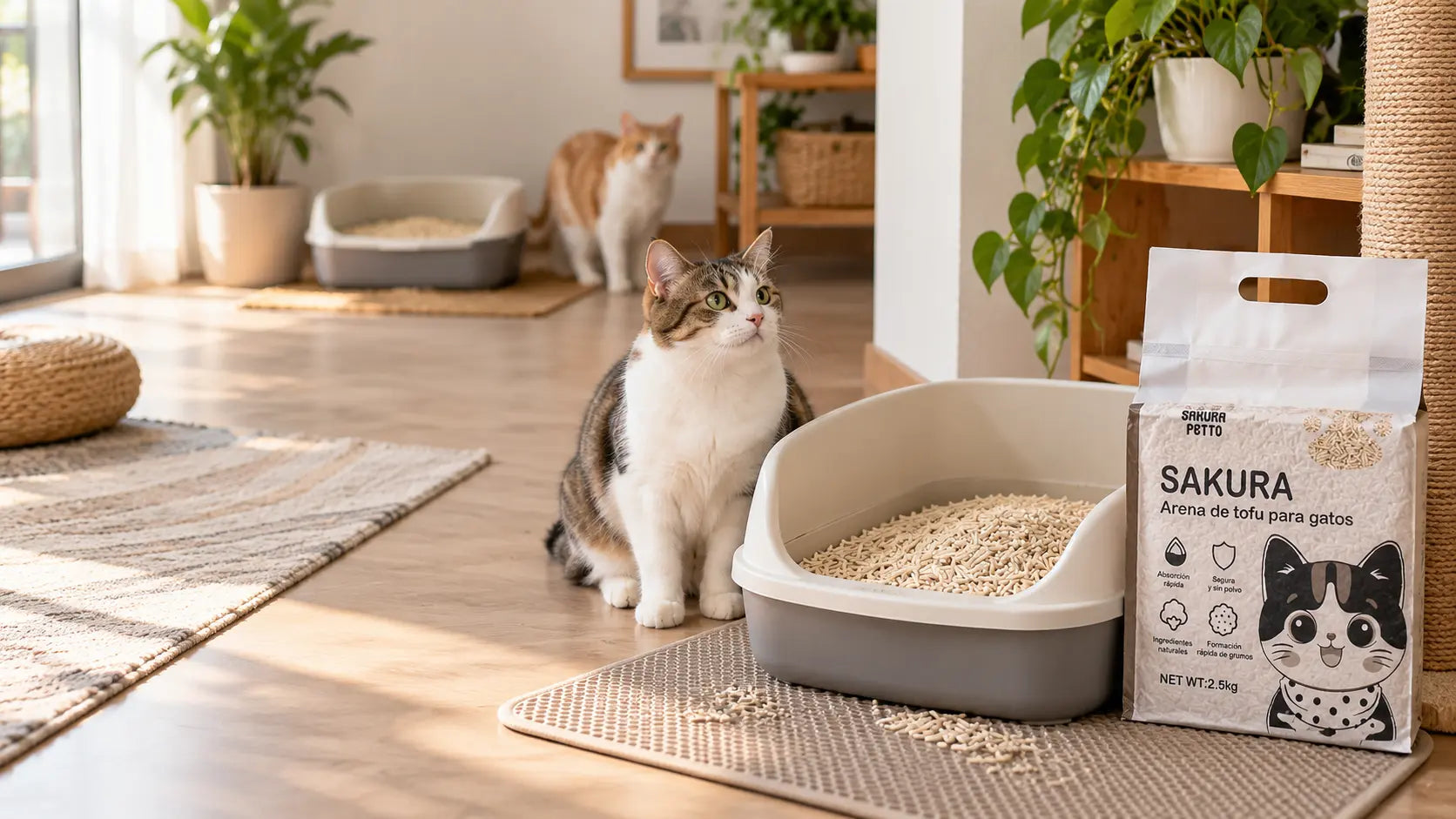 Varios gatos junto a areneros con arena de tofu SAKURA PETTO