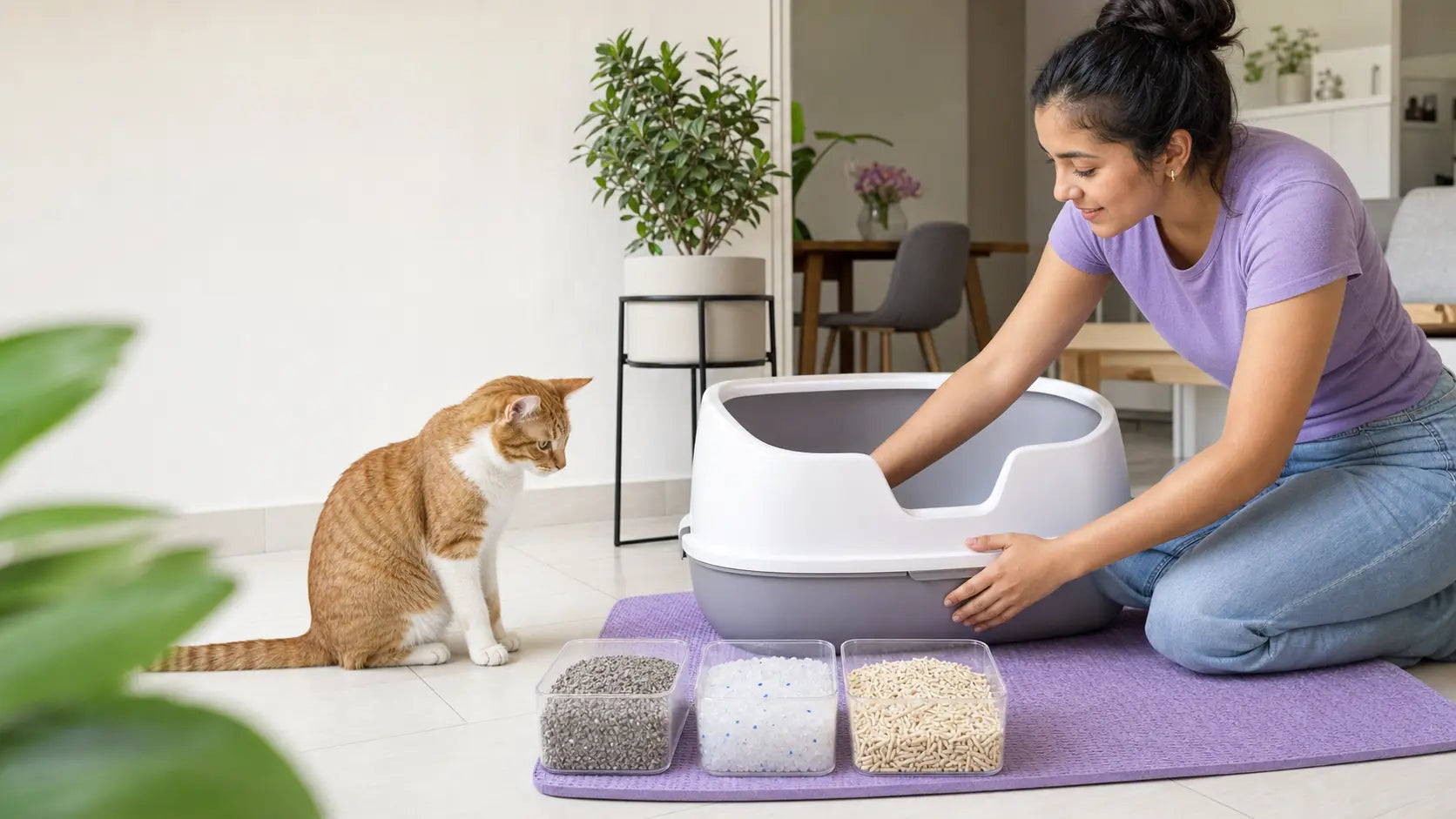 Dueña primeriza prepara el arenero mientras su gato observa diferentes tipos de arena para gatos