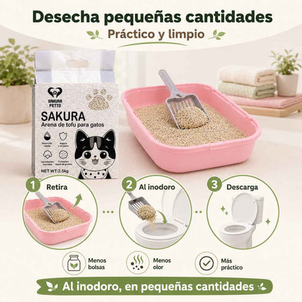 Arena de tofu Sakura Petto para gatos con instrucciones para desechar pequeñas cantidades en el inodoro de forma práctica y limpia.