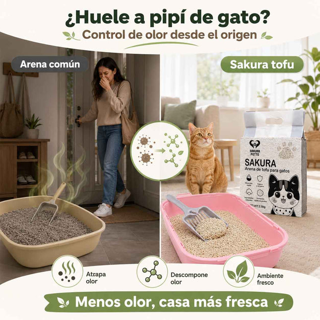 Comparación entre arena común con mal olor y arena de tofu Sakura Petto que ayuda a controlar el olor a pipí de gato desde el origen.