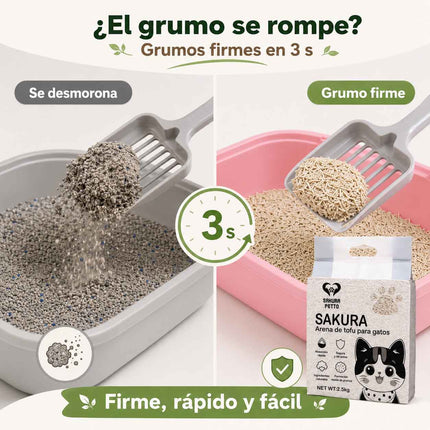 Arena de tofu Sakura Petto formando grumos firmes en 3 segundos frente a arena común que se desmorona.