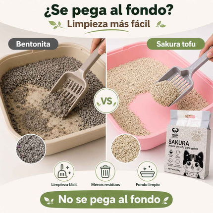 Comparación entre bentonita pegada al fondo y arena de tofu Sakura Petto que facilita la limpieza del arenero.