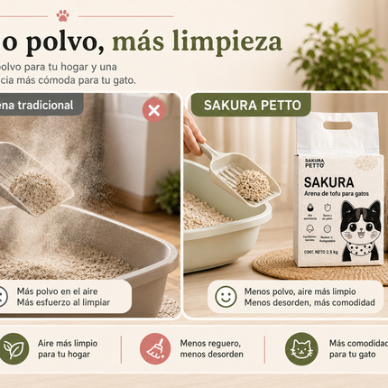 Comparación entre arena tradicional con polvo visible y Sakura Petto arena de tofu de bajo polvo para un hogar más limpio.