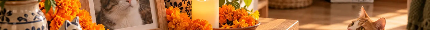 Ofrenda de Día de Muertos para una mascota en un hogar mexicano mientras un gato observa desde una distancia segura.