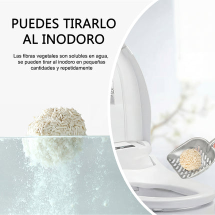 Demostración de la arena de tofu Sakura Petto disolviéndose rápidamente en el agua, confirmando que es seguro tirarla al inodoro en pequeñas cantidades.