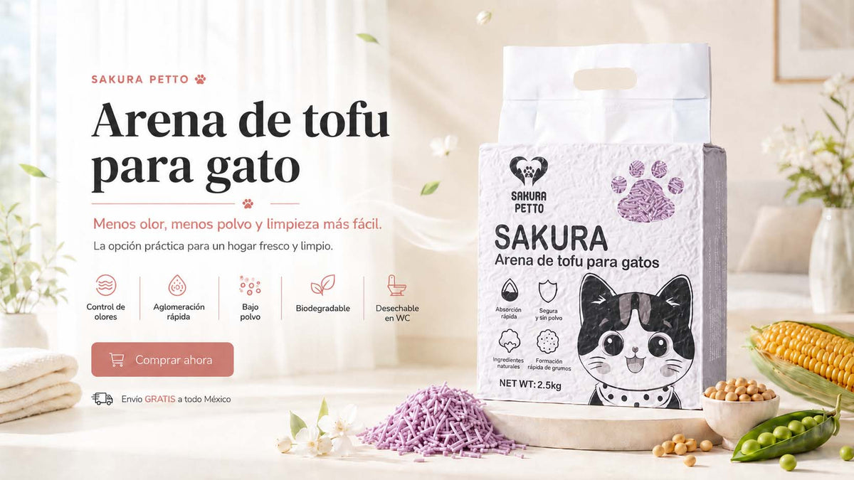 Banner principal de Sakura Petto para arena de tofu para gato aroma lavanda. Muestra un empaque de 2.5 kg con un diseño de gato, arena morada, maíz y chícharos en el fondo, destacando beneficios de control de olores, aglomeración rápida, bajo polvo, biodegradable y desechable en WC con envío gratis en México.