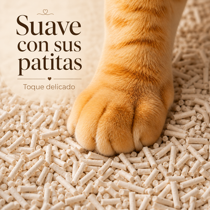 Primer plano de la pata de un gato naranja descansando suavemente sobre los pellets de arena de tofu para gatos SAKURA PETTO.