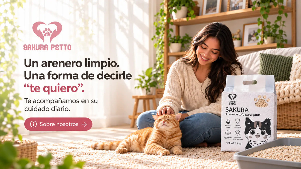Mujer acariciando a un gato naranja junto a una bolsa de arena de tofu SAKURA PETTO y un arenero en un hogar luminoso.