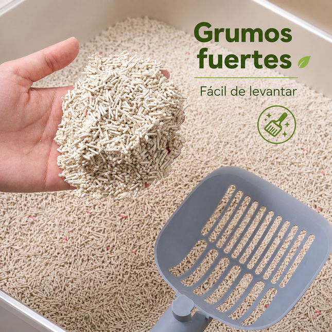 Mano sosteniendo un grumo firme de arena de tofu para gato SAKURA PETTO sobre el arenero, junto a una pala de limpieza.