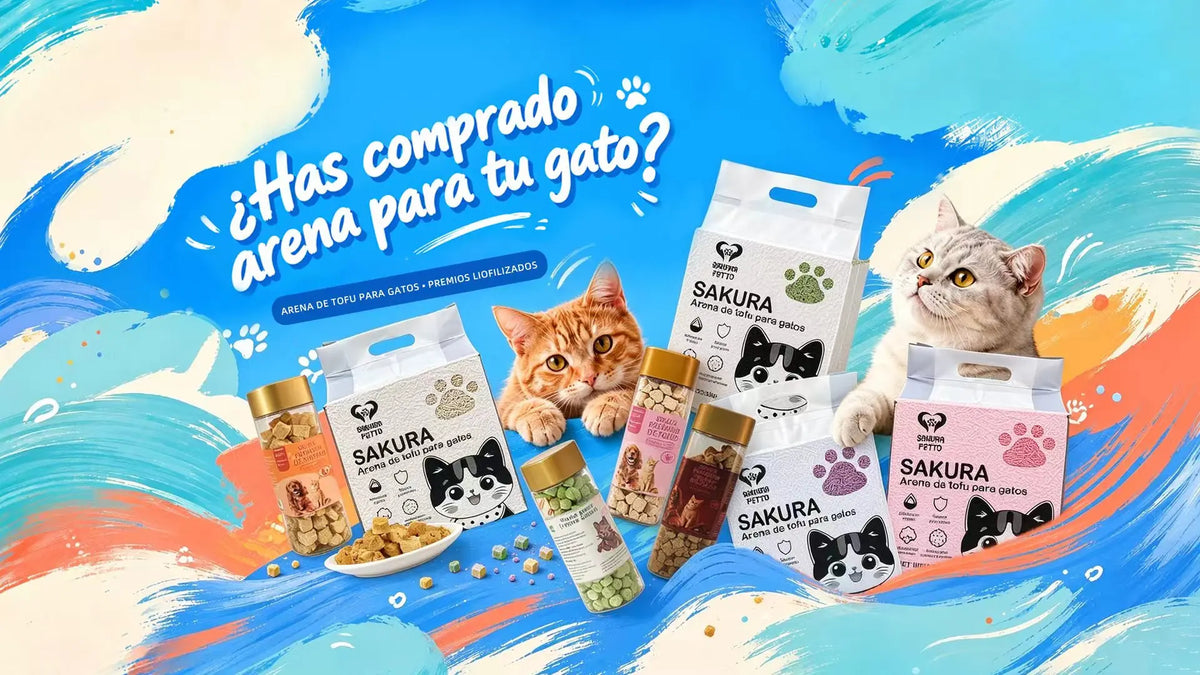 Dos gatos junto a bolsas de arena de tofu y premios liofilizados SAKURA PETTO sobre un fondo azul con pinceladas de colores.