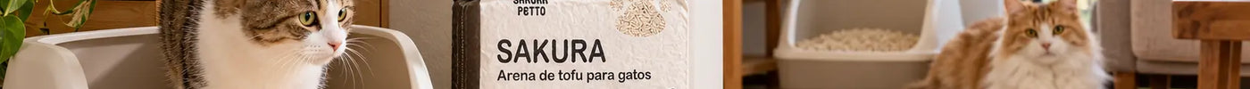 Dos gatos en un hogar con areneros distribuidos en diferentes zonas y una bolsa de arena de tofu SAKURA PETTO.