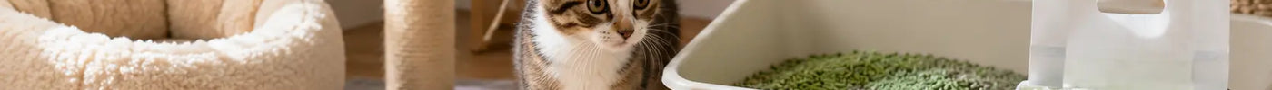 Gato recién llegado explorando una sala limpia con cama, juguetes y arenero preparado para su cuidado diario.
